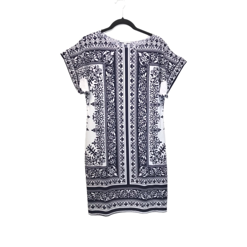 SANDRA DARREN Short Sleeve Shift‎ Dress Women's Size 12 Navy Blue White Modest
